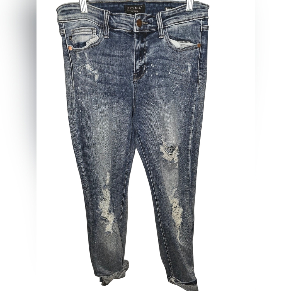 Judy Blue Jeans Womens 9 Blue Denim Boyfriend Mid‎ Rise Splatter Distressed 9/29